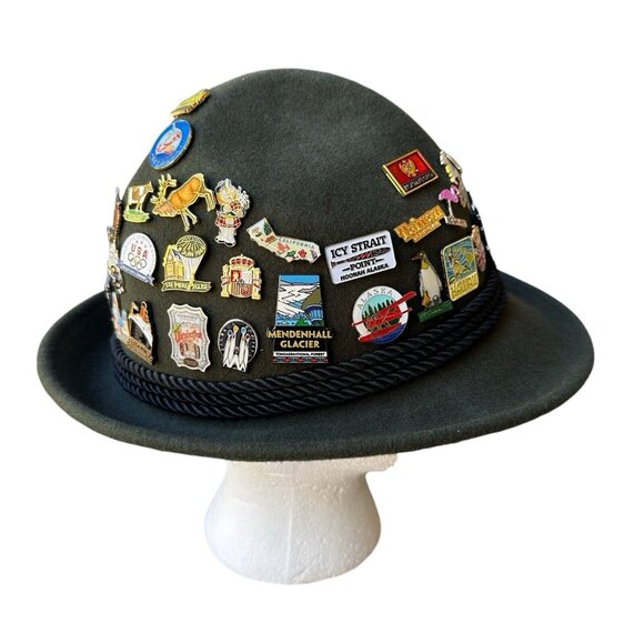 VTG Bavarian Wool Hat Oktoberfest Alpine Tyrolean Green German Travel Pins Small - Picture 3 of 12
